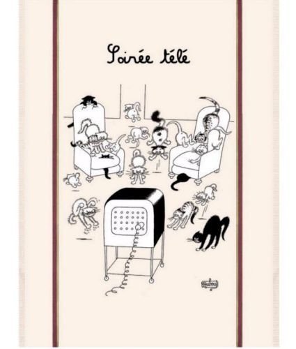 Torchons & Bouchons, Dubout - Chats et Soiree Tele (Cats and Evening T.V.) Printed Kitchen Tea Towel, 100% Cotton