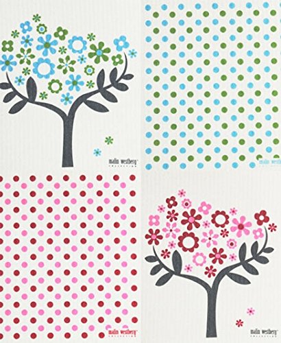 Swedish Dishcloth, Set of 4 Flower Trees & Confetti, Pink-Red & Blue-Green (MZ)