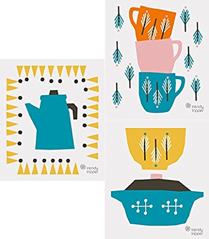 Swedish Dishcloth - Anna Kovecses Midcentury Designs - Set of 3 Kettle/Cups/Bowls (Cobalt Blue/Yellow/Orange on Natural)