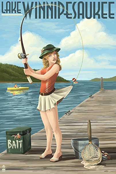 Lake Winnipesaukee, New Hampshire - Pinup Girl Fishing (36x54 Giclee Gallery Print, Wall Decor Travel Poster)