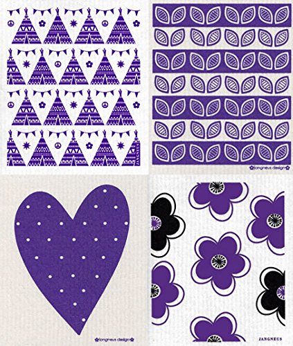 Swedish Dishcloth - Set (PL) of 4 Purple Flowers, Leaves, Heart, Doodle Flower