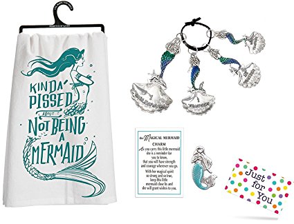 J4U Mermaid Kitchen Set - Kinda Pissed Towel, Measuring Spoons, and Charm with Gift Tag