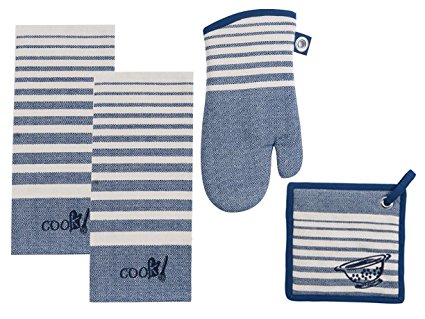 4 Piece Cook's Kitchen Bundle / Set - 2 Woven Tea Towels, Oven Mitt, Potholder, Cobalt Blue