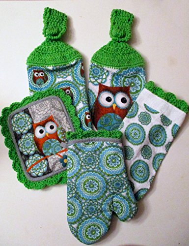 Modern Owl 5-pc Kitchen Set, Crochet Top Hanging Towels, Pot Holder, Dish Cloth, Pot Holder