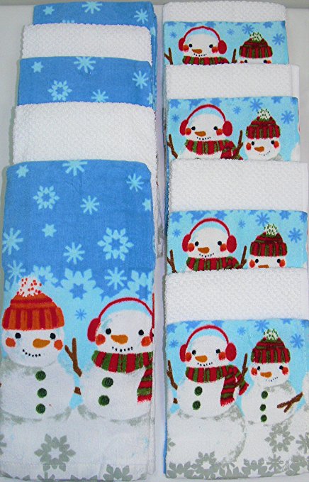 SnowMan Christmas Kitchen Towels (5 Pack) And Matching Dishcloths (8 Pack)