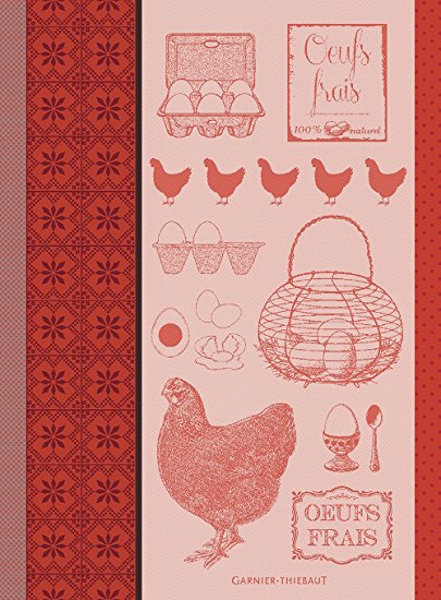Garnier Thiebaut, L' Oeuf et La Poule, Rouge (Egg and Chicken, Red) French Jacquard Kitchen Towel, 100 Percent Cotton, 22 Inches x 30 Inches