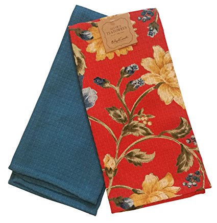 April Cornell Set of 2 Tea Towels 19 X 27 French Provencal Floral 100% Cotton Red/Yellow/Green/Blue