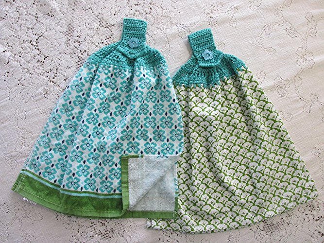 Set of 2 Pioneer Woman Leaf Scallop Blue & Green Double Layer Hanging Kitchen Towels, Best Quality, Crochet Top