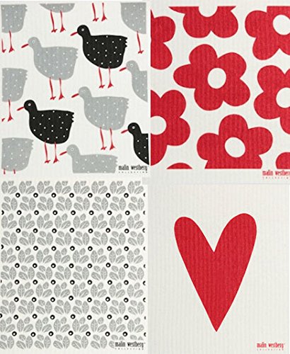 Swedish Dishcloth, Set of 4 - Red & Grey (HB) Designs