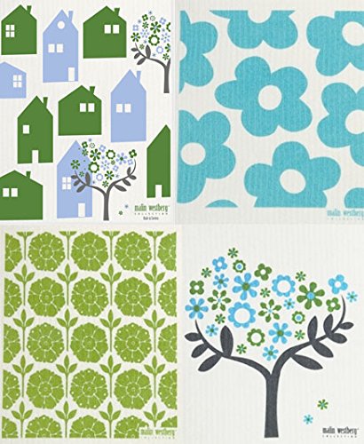 Swedish Dishcloth, Set of 4 Cool Turquoise & Green (GB) Designs