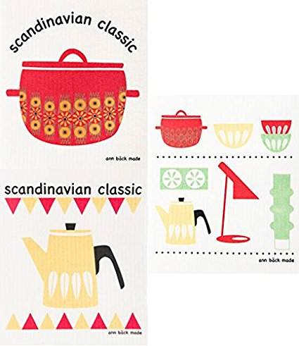 Swedish Dishcloth, Set of 3 Scandinavian Classics Lotus, Arabia - Yellow & Red