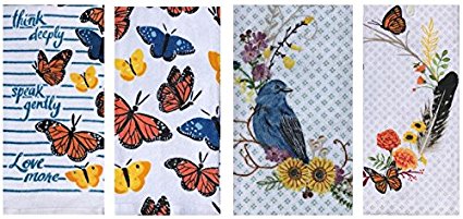 Think Deeply, Speak Gently, Love More - Celebrate Together Floral Butterfly Bird Cotton Kitchen Terry Tea Towels, TWO Sets of (2)
