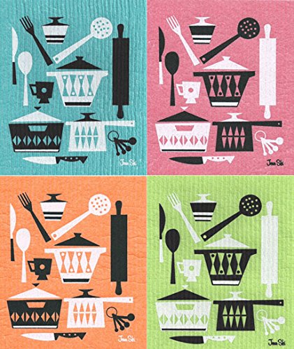 Swedish Dishcloths, Retro Scandinavian Kitchen Utensil Design - Set of 4 Cool Colors