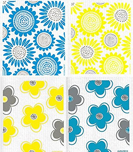Swedish Dishcloths - (TM) Set of 4 TURQUOISE & YELLOW Sunflowers & Daisy