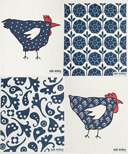 Swedish Dishcloth - Set of 4 (FS) DARK BLUE Paisley, Garden, Rooster & Chicken
