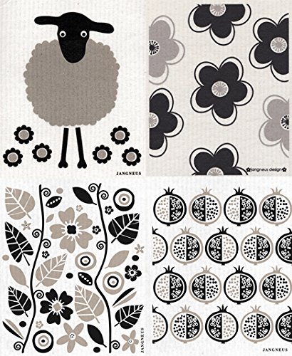 Swedish Dishcloth, Set of 4 BLACK & GREY (DX) Sheep, Pomegranate & Flowers
