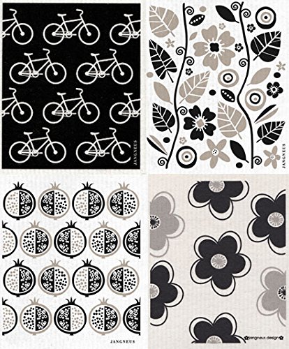 Swedish Dishcloths - Set of 4 (BK) BLACK Flowers, Leaves, Bikes, Pomegranate