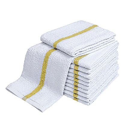 Atlas 24-Pack GOLD STRIPE Bar Mops 16x19 Full Terry Towels White 100% Cotton 30Oz Eco-Friendly