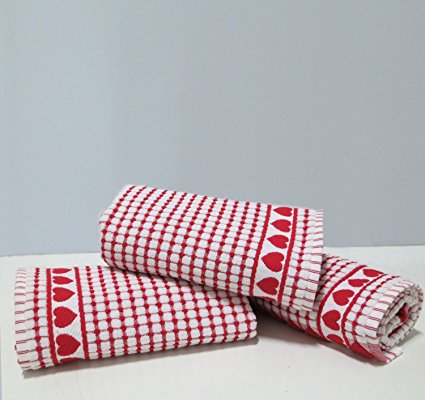 Heart Design Checkered Poly Dish Towels 100% Cotton, Higly Absorbant, Superior Quality Bleachable Kitchen Dish Towels, 19