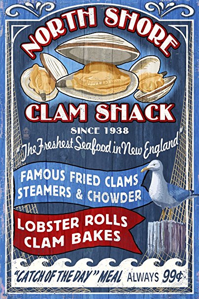 New England - Clam Shack Vintage Sign (16x24 Giclee Gallery Print, Wall Decor Travel Poster)