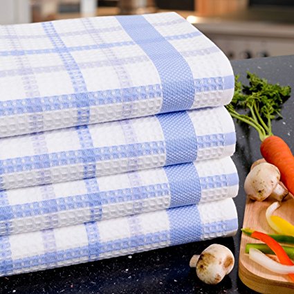 Poyet Motte Alvex Oversized 20-by-35 Inch 100-Percent Cotton Waffle Weave Kitchen Towel, 4-Pack (White/Blue)