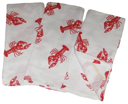 Red Lobsters on White Cotton Kitchen Dish Towels Set of 3