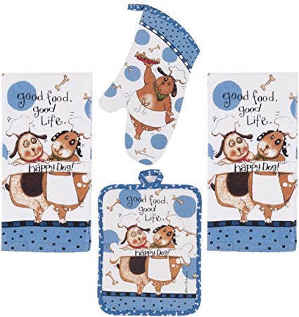 Kay Dee Designs 4 Piece Kitchen Bundle, Happy Dog, 2 Terry Cloth Drying Towels, Oven Mitt, Pot Holder, Dog Lover Set for Women