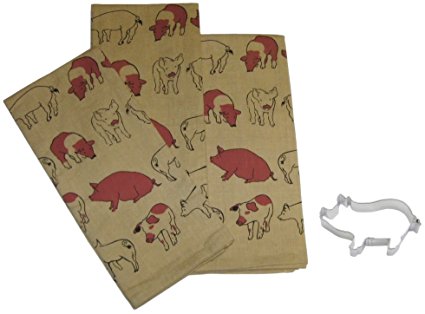 Mixed Pigs Hogs on Tan Cotton Dish Towels with Cookie Cutter Kitchen Set Bundle (4 Items)