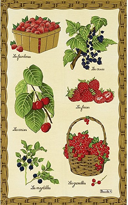 Beauville, Fruits Rouges (Red Fruit) French Kitchen Towel, Silk Screen Hand Printed, 82% Cotton / 18% Linen, 20