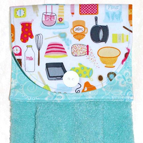 Hanging Kitchen Hand Towel - Turquoise Towel With Print Of Retro Baking Tools and Vintage Bowls