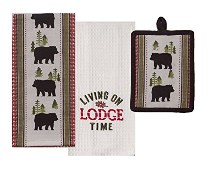 3 Piece Simple Living Bear Lodge Kitchen Linen Bundle/Set - 1 Bear Print Waffle Towel, 1 Bear Potholder, 1 Lodge Time Embroidered Waffle Towel