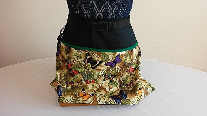 ADJUSTABLE NO TIE APRON - BUTTERFLIES / 3 Lined Pockets waist apron with attached key holder / Beige, green and black / One size fits most