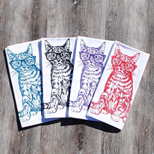 Cotton Napkins Set of 4 - Screen Printed Hipster Cat - Washable Reusable