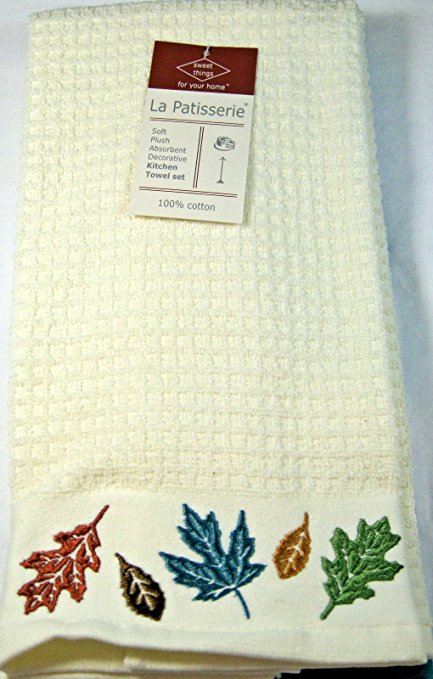 Set of 2 Fall /Autumn Towels 100% Cotton- Cream Waffle with Colored Fall Leaves and Teal Solid Waffle