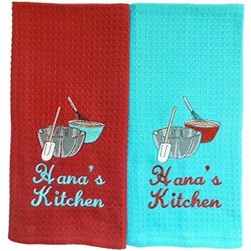 Custom Embroidered and Personalized Waffleweave Kitchen Towels with Mirrored Image Baking Embroidery Design - Red and Turquoise