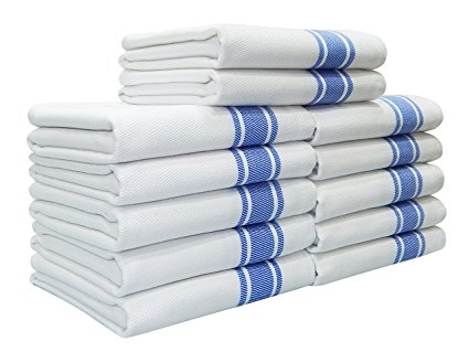Kitchen Towels,100% Natural Cotton, 12 Pack, 27 x 17 inch, White with Blue Stripe, Absorbent & Quick Dry Tea towels, Value Pack of Dish Cloth Towels by Tiny Break