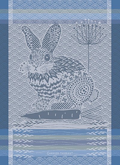 Garnier Thiebaut, Lapin Bleu Design, (Rabbit, Blue) French Jacquard Kitchen / Tea Towel, 100 Percent Cotton
