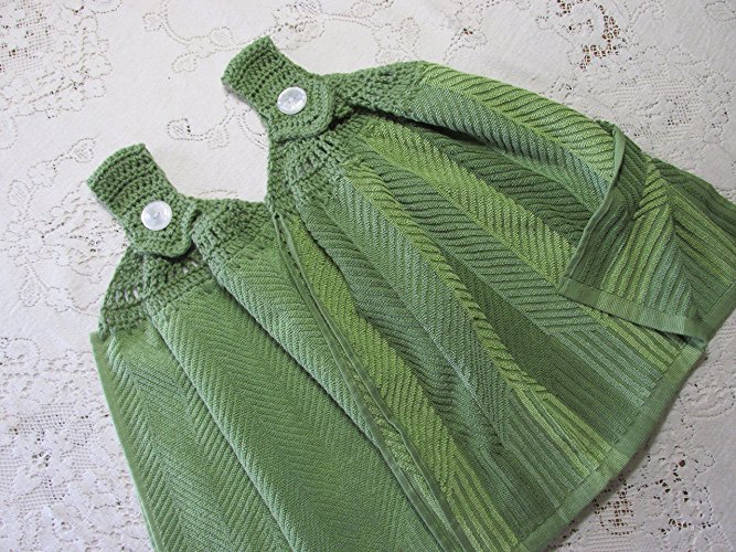 Set of 2 Green Doubled Chevron Design Hanging Kitchen Towels with Green Cotton Crochet Top - Best Quality