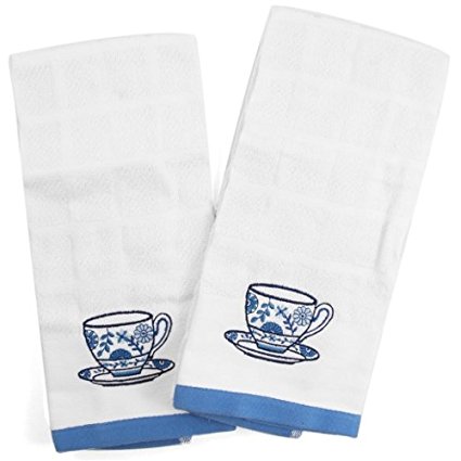 Embroidered Tea Cup Terry Kitchen Towel - Set of 2