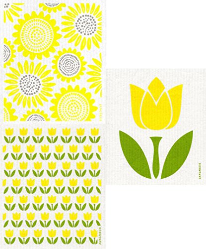 Swedish Dishcloth, (YT) Set of 3 Tulips & Sunflowers - YELLOW