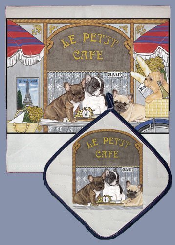 Pipsqueak Productions DP971 Dish Towel and Pot Holder Set - French Bull Dog
