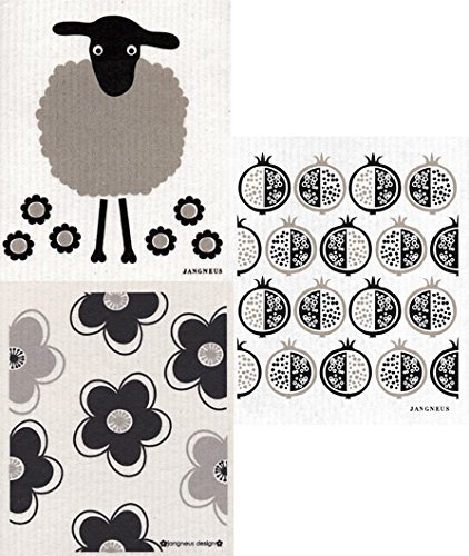 Swedish Dishcloths - Set of 3 (AB) BLACK Sheep, Flowers, Pomegranate
