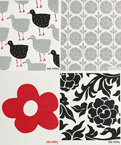 Swedish Dishcloths, (GR) Set of 4 Grey & Red Designs- Hens & Flowers