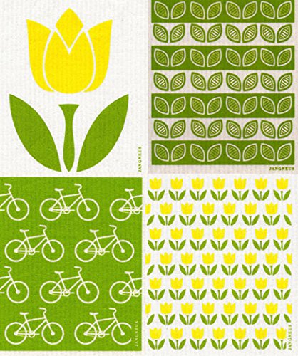 Swedish Dishcloth, (YE) Set of 4 YELLOW - Tulips, Bikes +