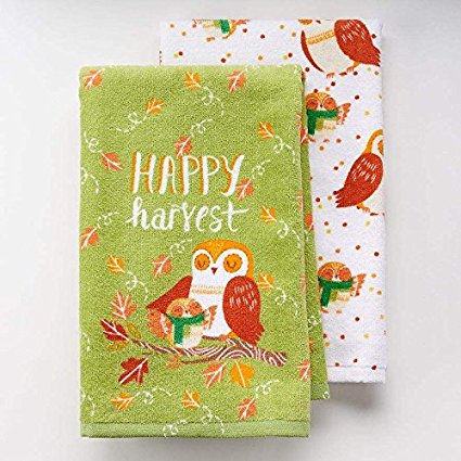 Harvest Season 2-pack Fall Thanksgiving Kitchen Dish Towels with Autumn Owls