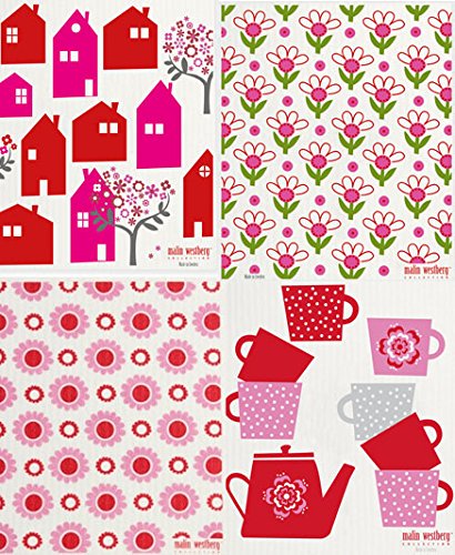 Swedish Dishcloth, Set of 4 Cool Pink & Red (WR) Designs