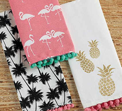 Design Imports Pineapple and Palms Table Linens, 18-Inch by 28-Inch Dishtowels, Set of 3, 1 Flamingo Pom Pom Printed, 1 Pineapple Pom Pom Printed and 1 Palm Pom Pom Printed