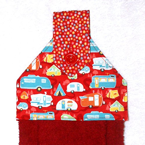 Hanging Hand Towel For Kitchen or Bath - RV Camping Decor - Red Plush Towel - Retro Camping Trailers