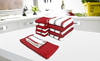 Popular Bath 859973 14 Piece Chef Stripe kitchen/Dish cloth Set, Red/Light grey