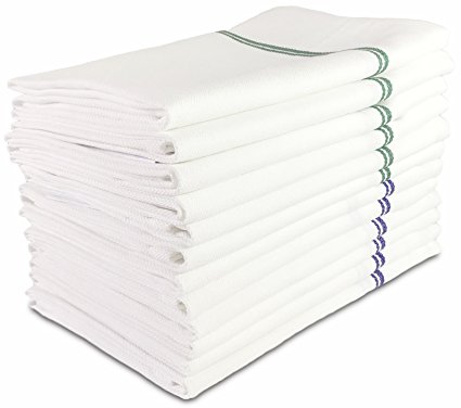 VibraWipe Kitchen Dish Towels, 12 Pieces, 29in x 18in, White with Blue Stripe (6 Pcs), With Green Stripes (6 Pcs) - TOP Quality, 100% Natural Cotton, Herringbone Weave, High Absorbent Dish Cloths